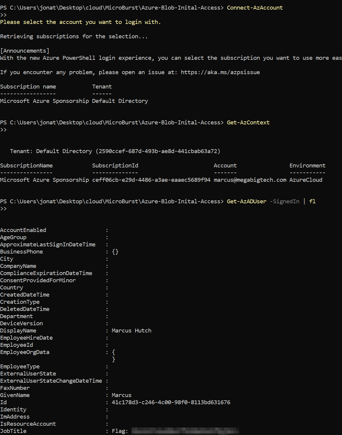 Azure CLI user information and flag