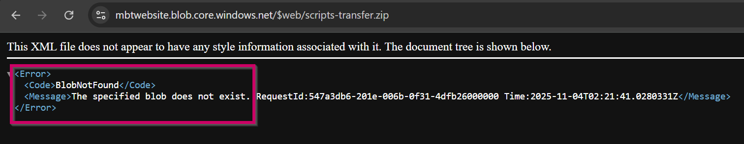 Error message when accessing non-existent blob