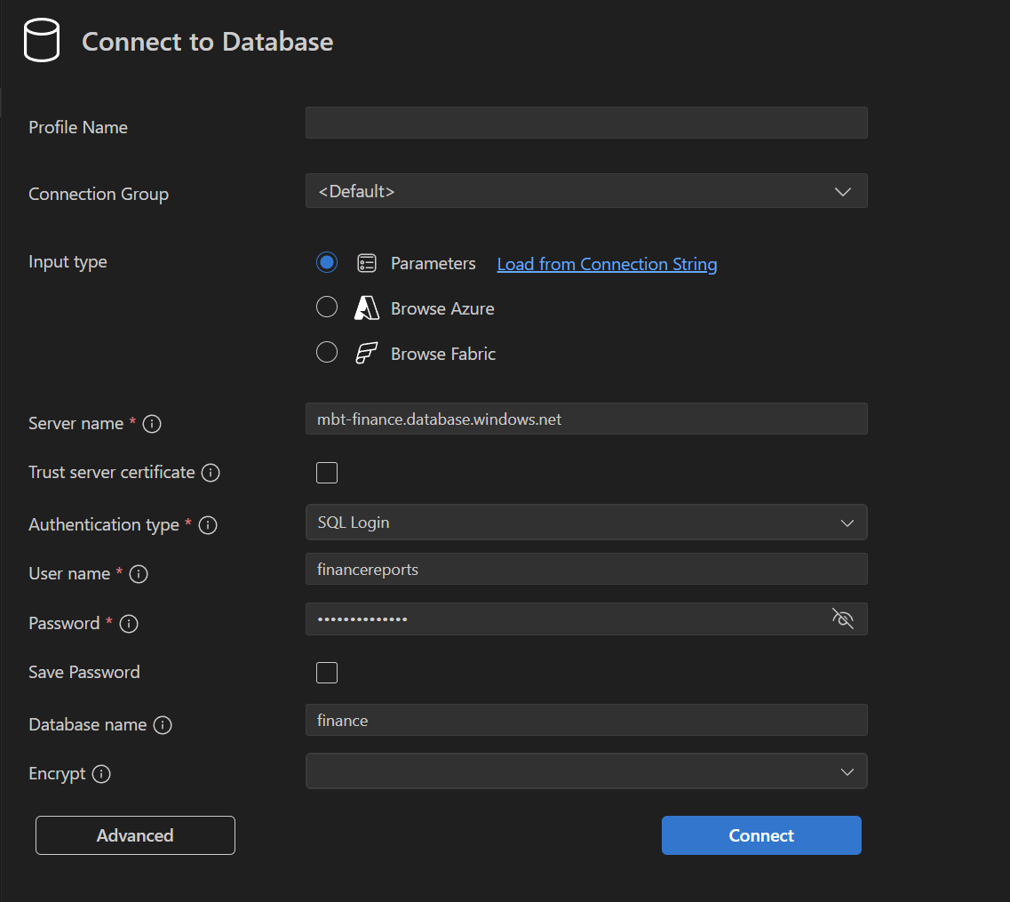 SQL authentication prompt / connection dialog
