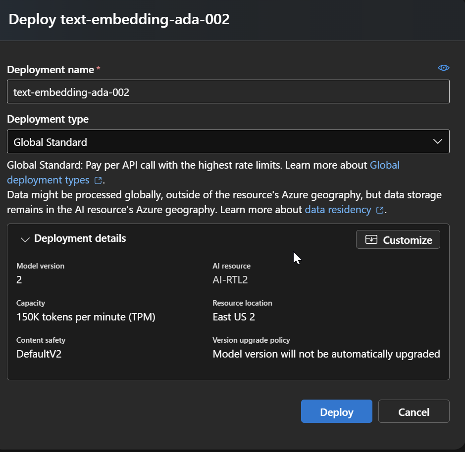 text-embedding-ada-002 deployment