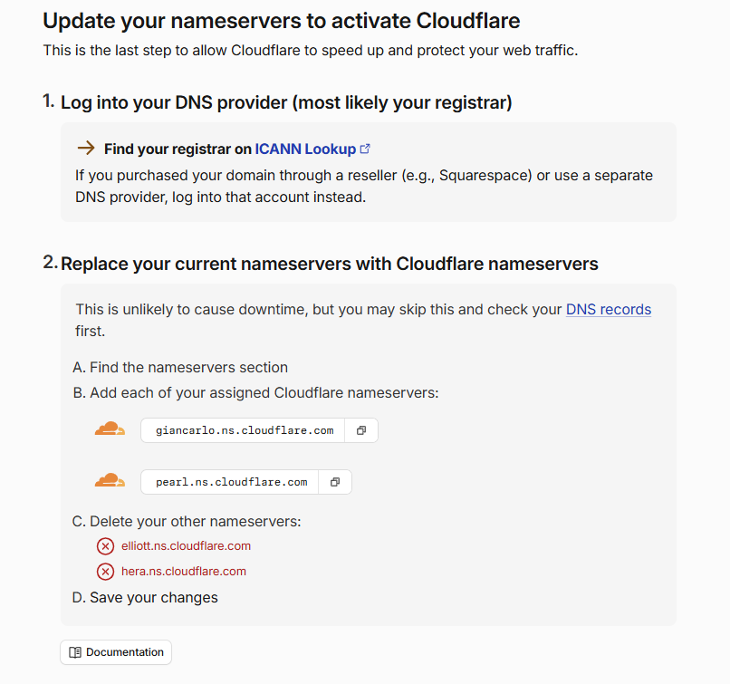 Updating nameservers at the registrar